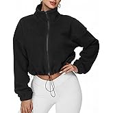 Cuffbow Women Full Zip Fleece Jacket Cropped Stand Collar Jacket Long Sleeve Sherpa Coat Drawstring Hem 2025 Winter Outfit