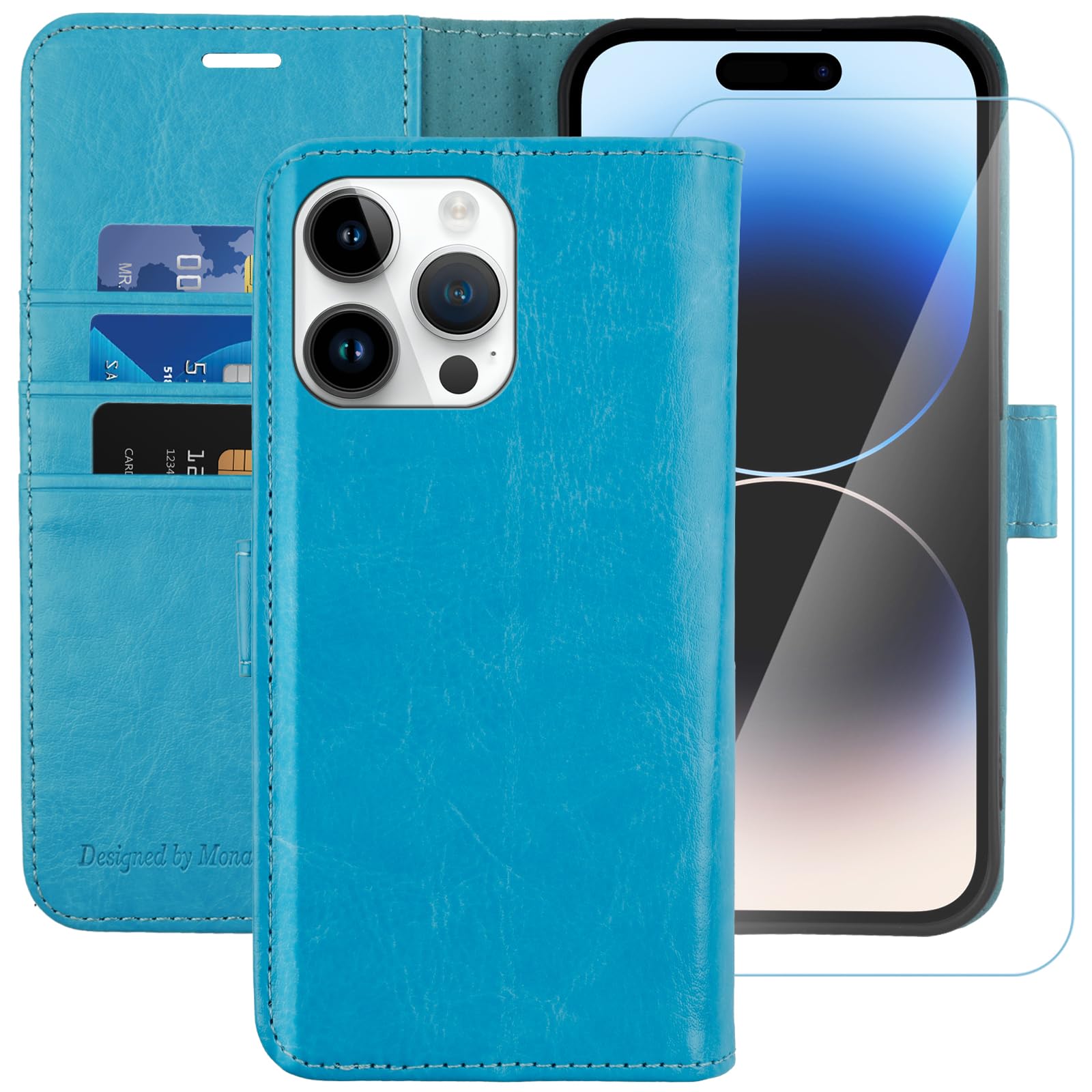 MONASAY Wallet Case for Apple iPhone 14 Pro Max 5G,6.7-inch,[Glass Screen Protector Included] [RFID Blocking] Flip Folio Leather Cell Phone Cover with Credit Card Holder,Light blue