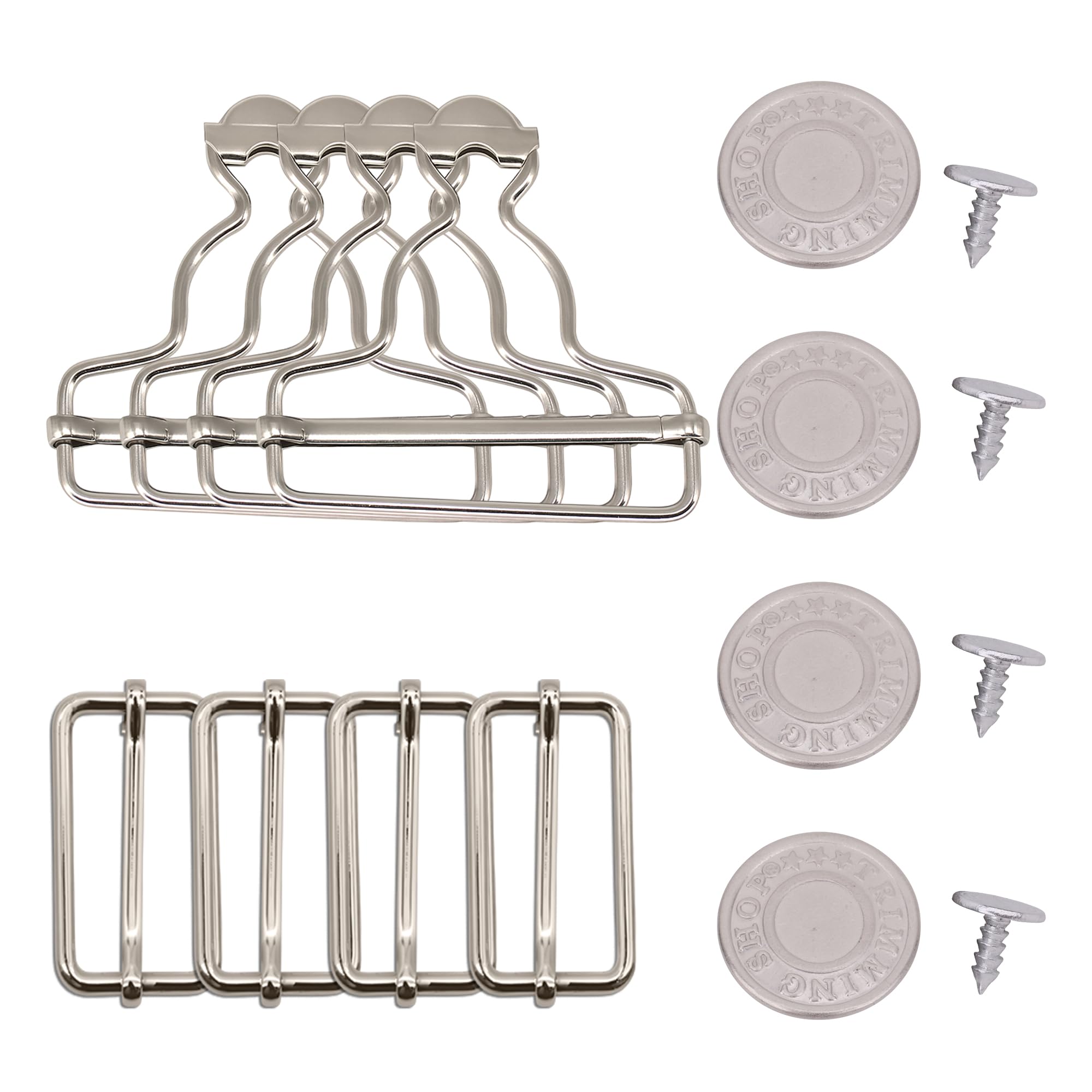 Trimming Shop 35mm Metal Dungaree Buckles with Tri-Glide Sliders & Jean Buttons – Heavy-Duty Fasteners for Overalls, Braces, Jackets, Pinafores, Bag Making & Sewing Projects, Silver, 4pcs Set