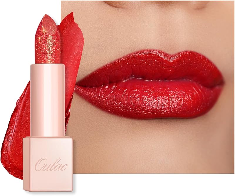 Oulac Red Shimmer Lipstick Hydrating Lip Balm Vegan Clean Beauty Red Coral