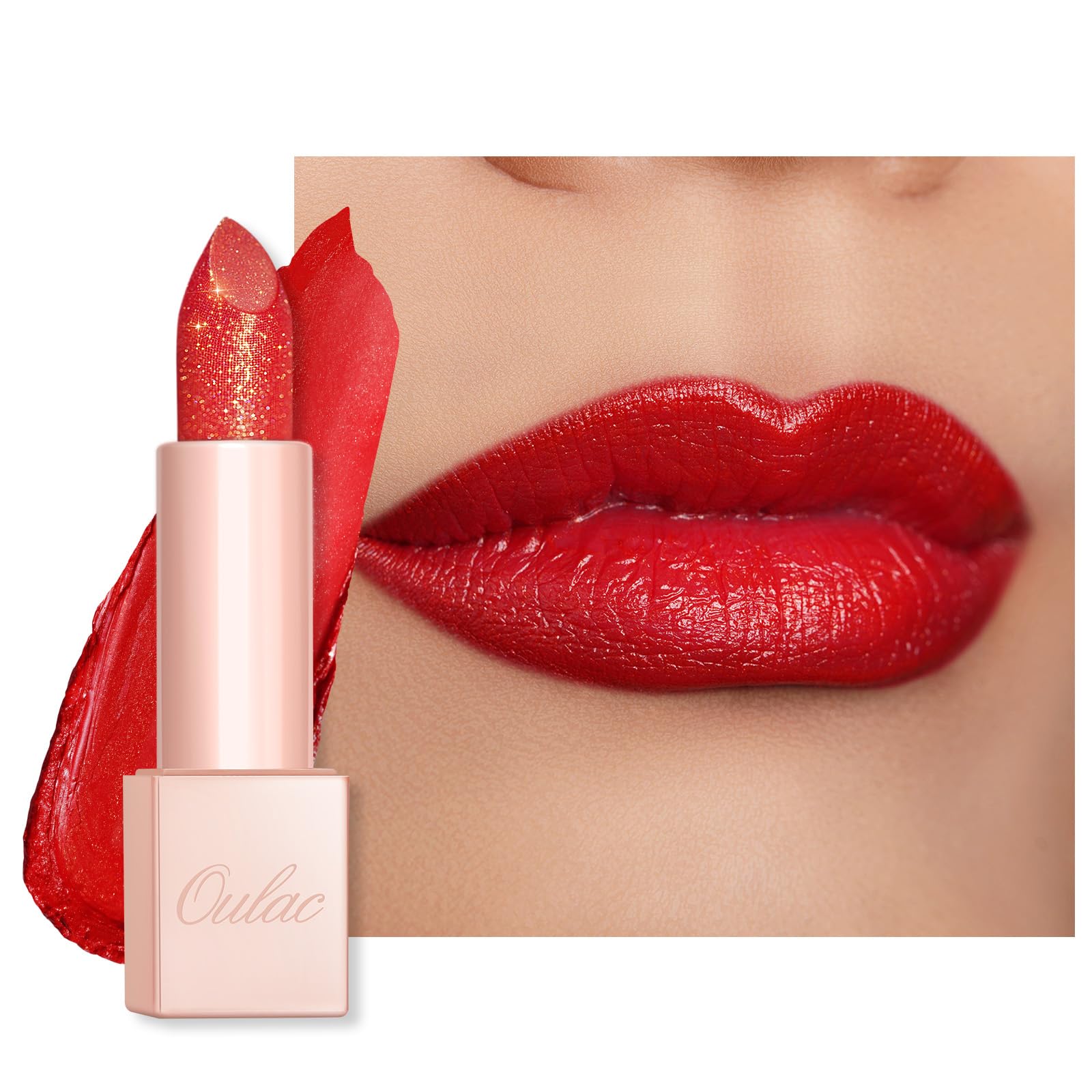 Oulac Red Shimmer Lipstick for Women - Moisture Tinted Lip Balm for Dry Lips, Creamy Formula, Hydrating & Smooth, Infused with Shea Butter, Vegan, Clean Beauty (PG02) Red Coral