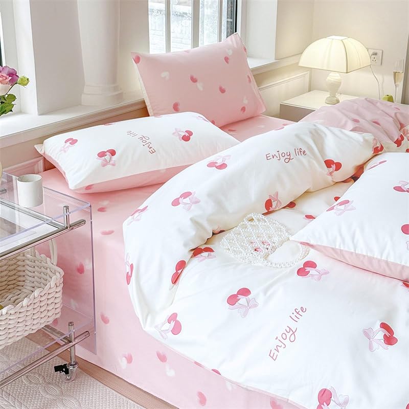 Housse de Couette 140x200 Coeurs Cerises Blanc Rose Parure de lit — photo 2 sur 7