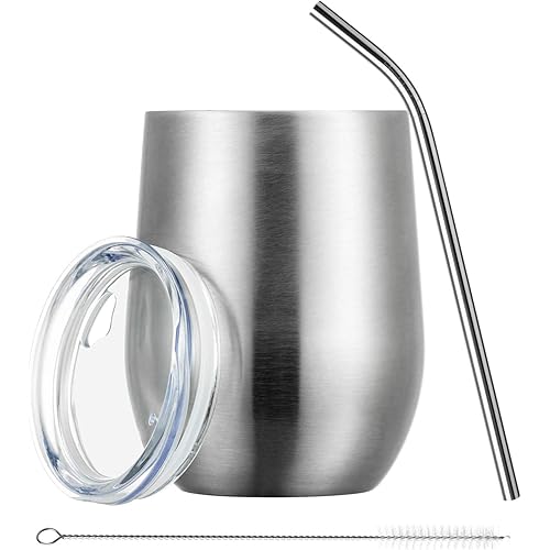 TUMZAK 12oz Insulated Wine Tumbler with Straw, Stainless Steel Wine Tumbler with Lid, Double Wall Vacuum Stemless Wine Glasses for Cocktail, Champagne, Wine, Coffee( Silver, 1 Pack)