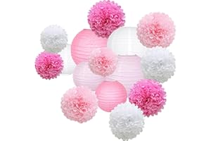 KAXIXI Hanging Party pom pom Set, 15pcs Pink White Paper Flowers Pom Poms Balls and Paper Lanterns for Wedding Birthday Bridal Baby Shower Graduation, LanternPomPom012