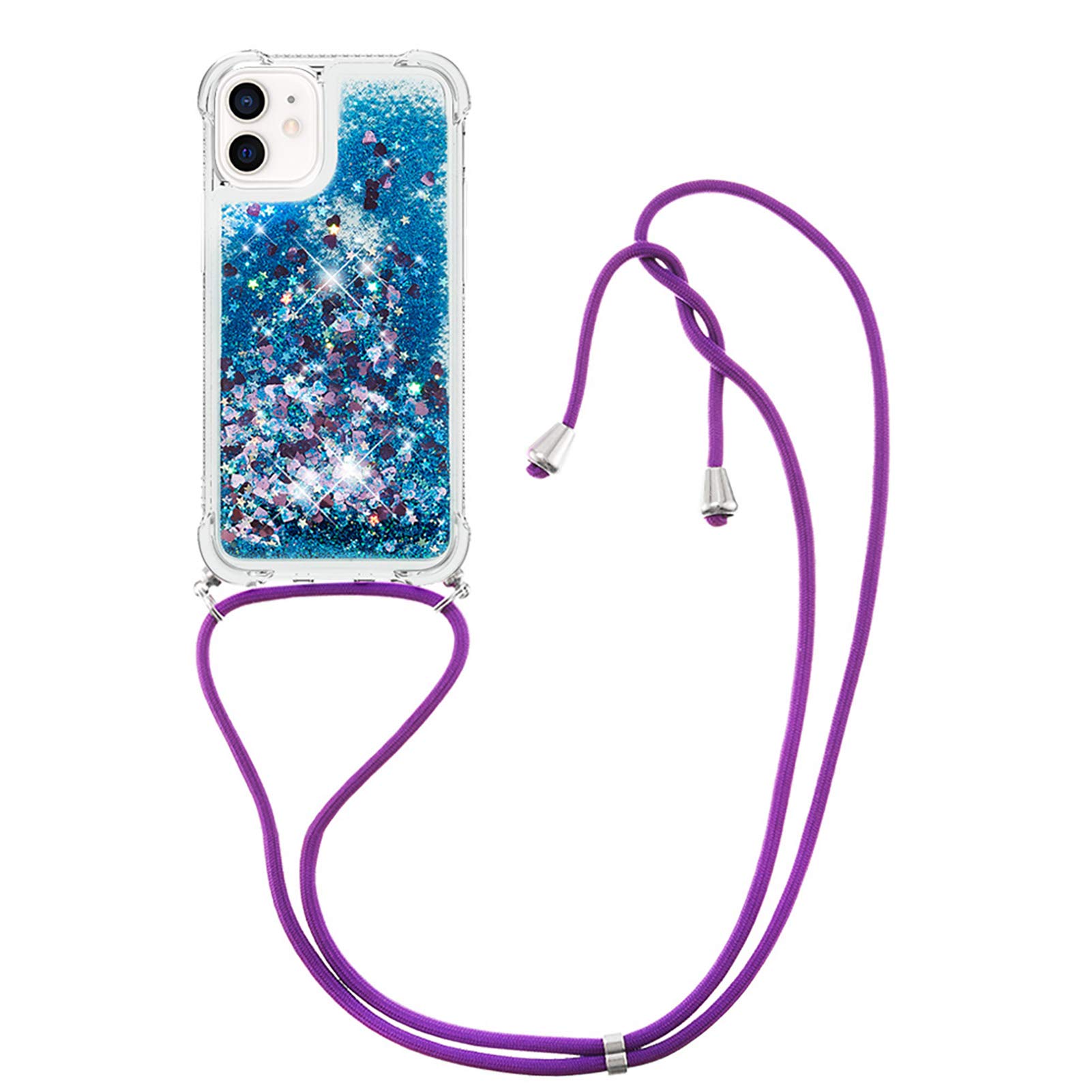 MRSTER Lanyard Phone Case for iPhone 12 / iPhone 12 Pro 6.1” - Bling Glitter Quicksand Liquid Sparkle Silicone TPU Case Cover With Crossbody Necklace Cord Strap - LP Love Blue
