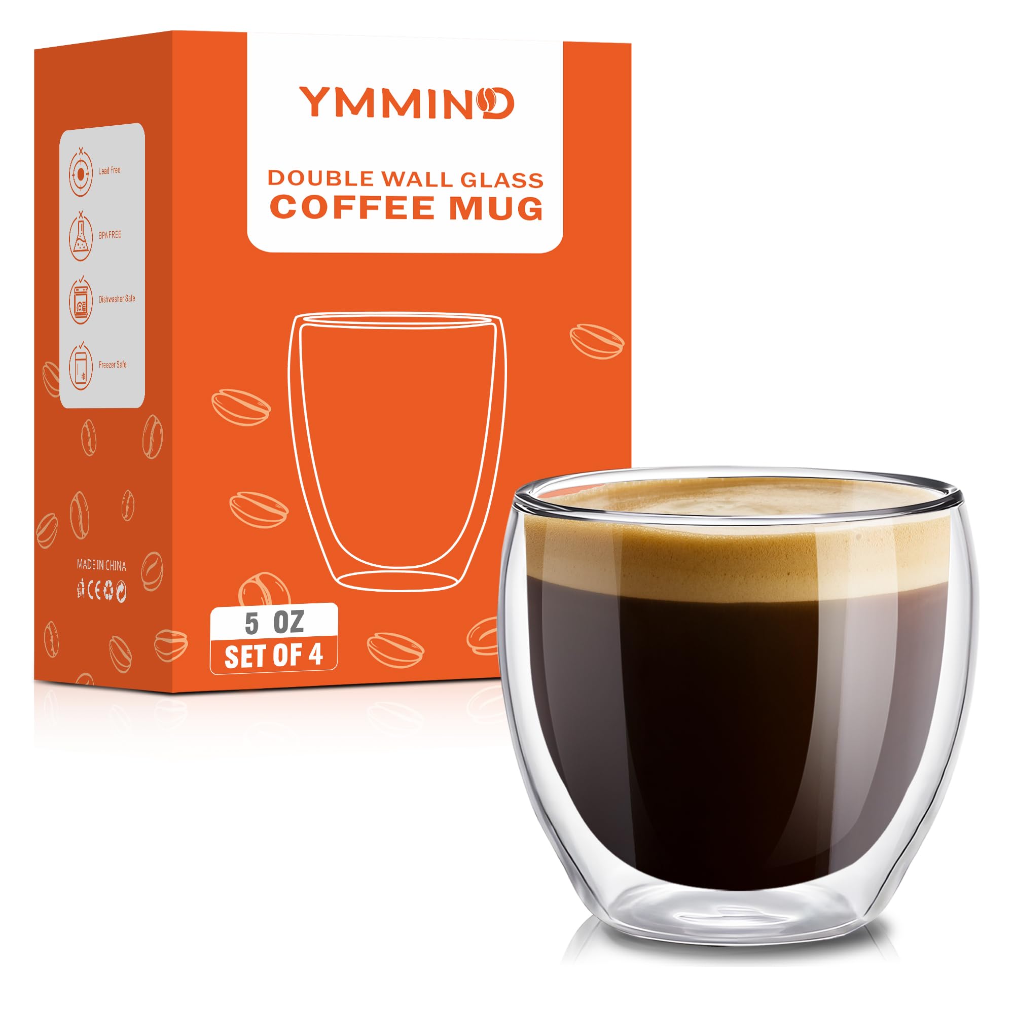 Photo 1 of YMMIND Set of 4 Double Walled Glass Coffee Mugs 5 Ounces Insulated Layer Coffee Cups Borosilicate Glass Espresso Cup for Hot Beverage,Cappuccino,Tea,Latte,Wine,Microwave Safe