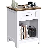 Decofy Farmhouse Nightstand with Charging Station, White &amp; Walnut | AC Outlets, USB And Type C Ports, Drawer Storage, Open Shelf, Modern End Table For Bedrooms and Living Rooms