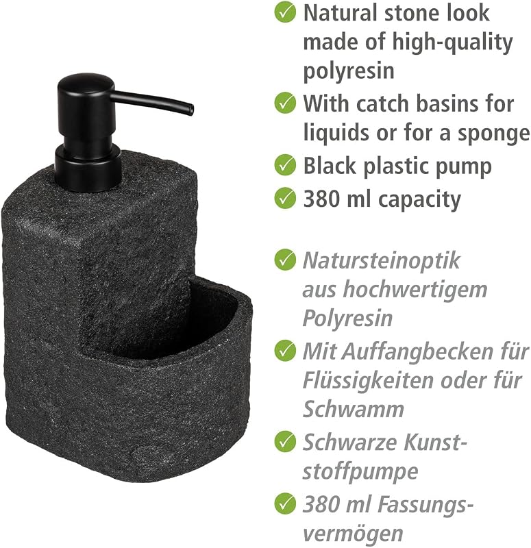 Spülmittelspender Mod. Festival nachfüllbarer Seifenspender Steinoptik für die Küche mit Fach für Spülschwamm 380 ml 10,5 x 18 x 11 cm Schwarz