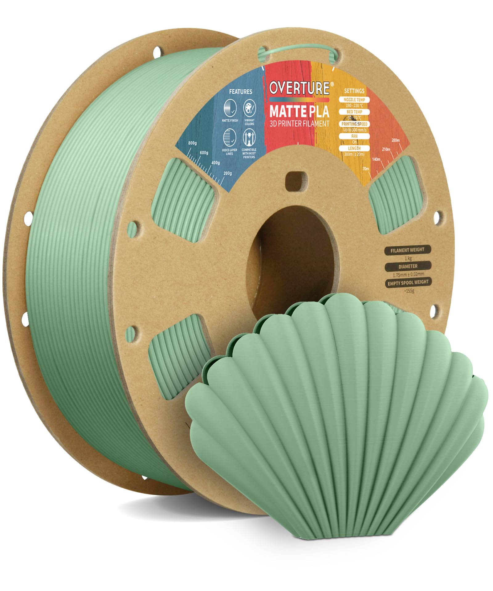 OVERTURE Matte PLA Filament 1.75mm, Easy to Print, PLA Matte 3D Printer Filament 1kg (2.2lbs), Cardboard Spool, Accuracy ± 0.02mm (Matte Light Green)
