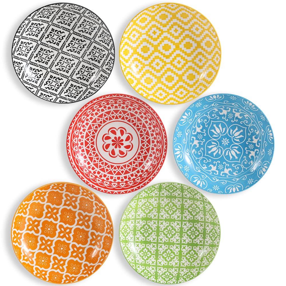 AHX Pasta Bowls Set of 6 – 23 oz Shallow Ceramic Pasta Bowls, Perfect for Pasta, Salad, Soup & More – Microwave, Dishwasher & Oven Safe Colorful Pasta Bowl