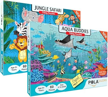 Pola Puzzles 60 Pieces Tiling Puzzles (Jigsaw Puzzles, Puzzles for Kids, Floor Puzzles), Puzzles for Kids Age 5 Years and Above. Size: 37 cm X 24 cm (Aqua Buddies & Jungle Safari)