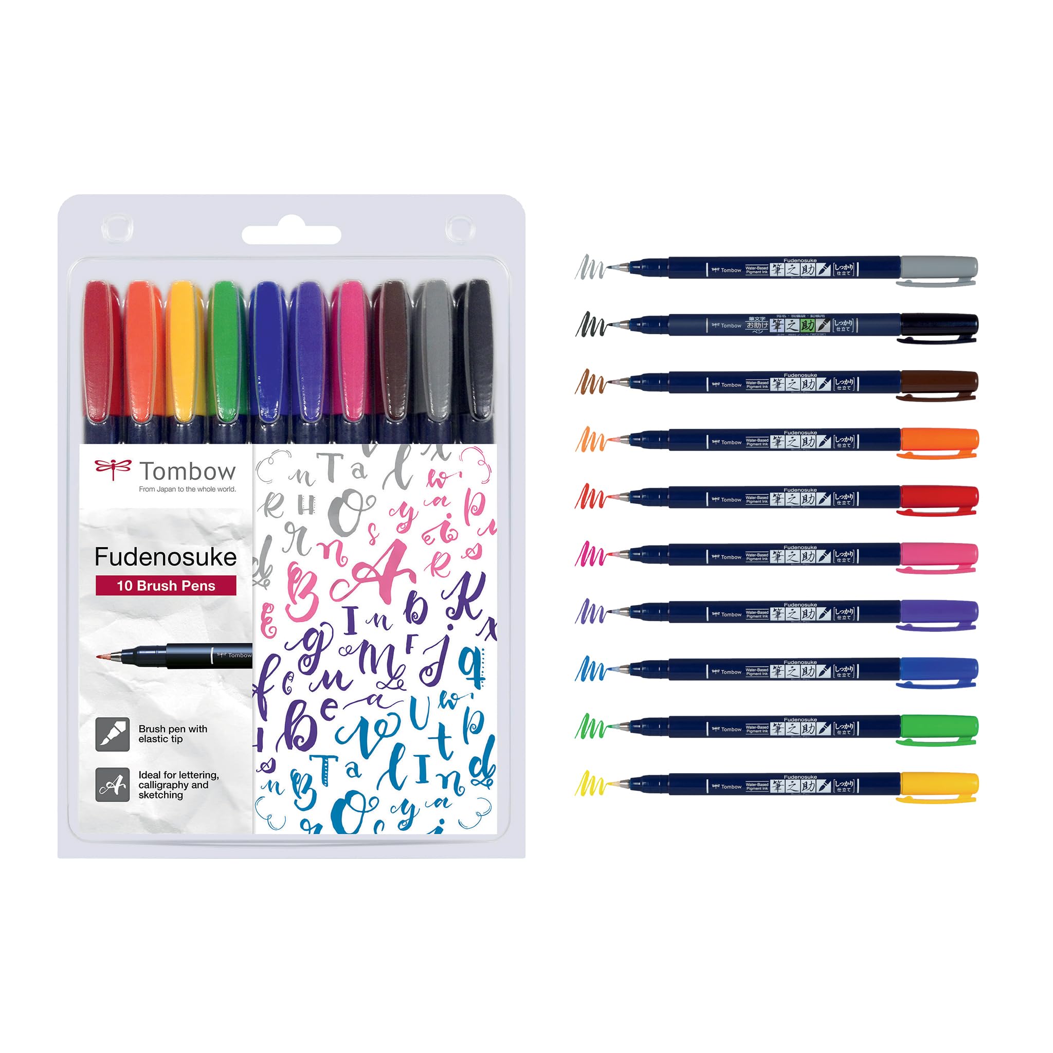 Tombow WS-BH-10P Fudenosuke Colour Brush Pens (Pack of 10)
