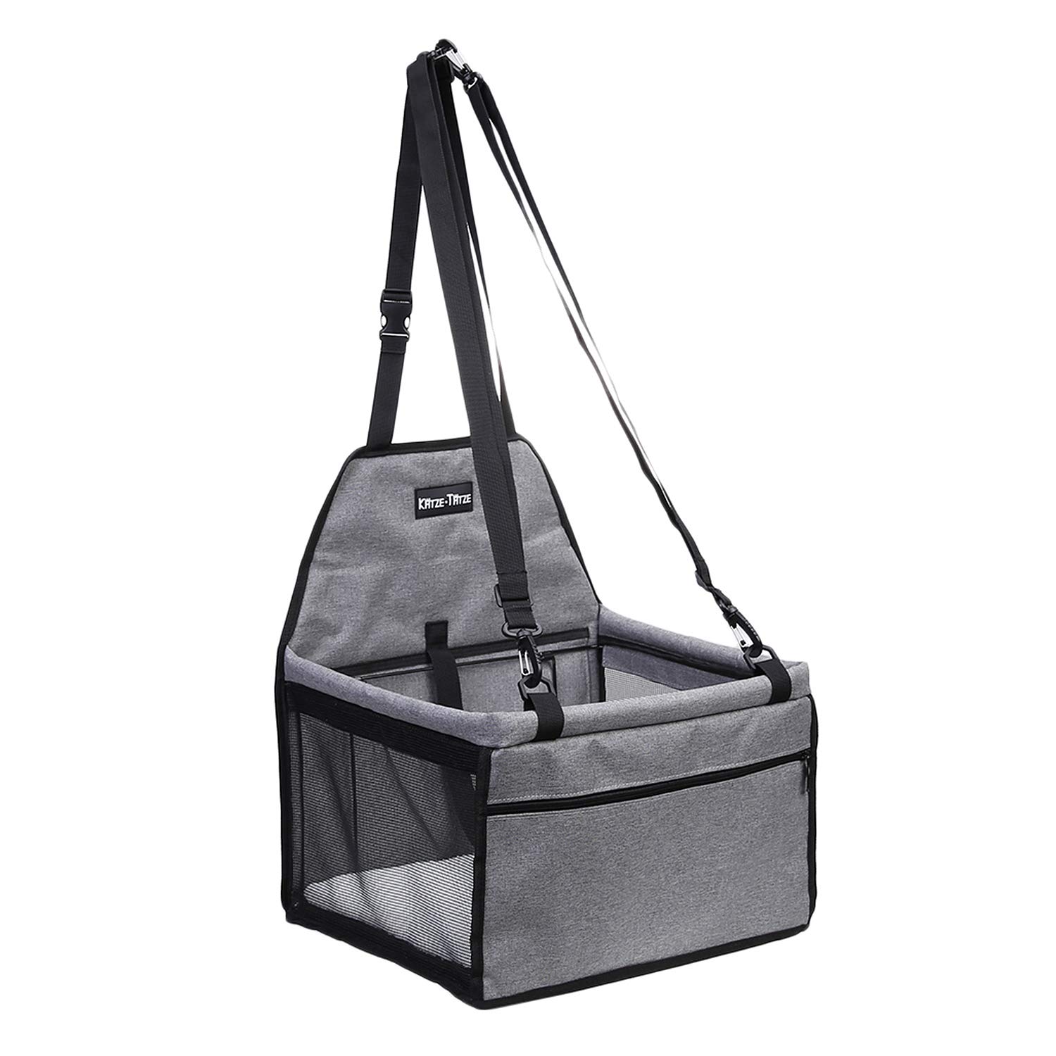 KatzeTatze Pet Car Booster Seat for Dogs Cats, Folding Waterproof Dog Car Seat, Breathable Mesh Design Travel Seat Protector Cover Pet Carrier Bag with Clip-On Safety Leash and Zipper Storage Pocket