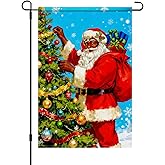 HOMETITUTE Merry Christmas African American Black Santa Garden Flag 12x18 Inch Double Sided Santa Decorating Christmas Tree with Gift Bag Blue Snowflake Flags Holiday Outdoor Yard Banner Welcome Flag
