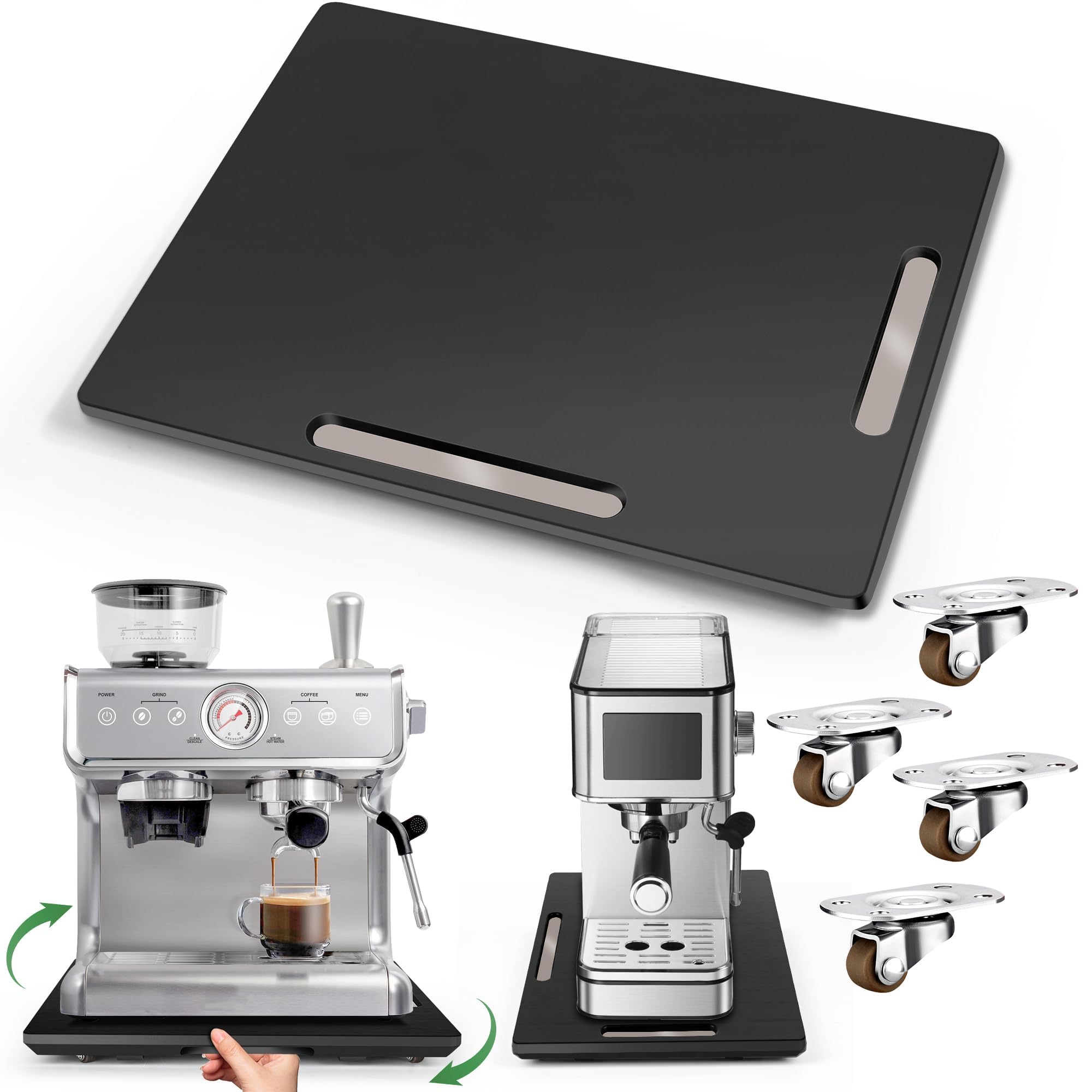 Photo 1 of Joy&Grace Appliance Slider for Kitchen Appliances 360° Rolling Sliding Tray for Coffee Maker Countertop, Bamboo Coffee Pot Slider Rolling Tray with Universal Rollers (Black, Large 16"x13")