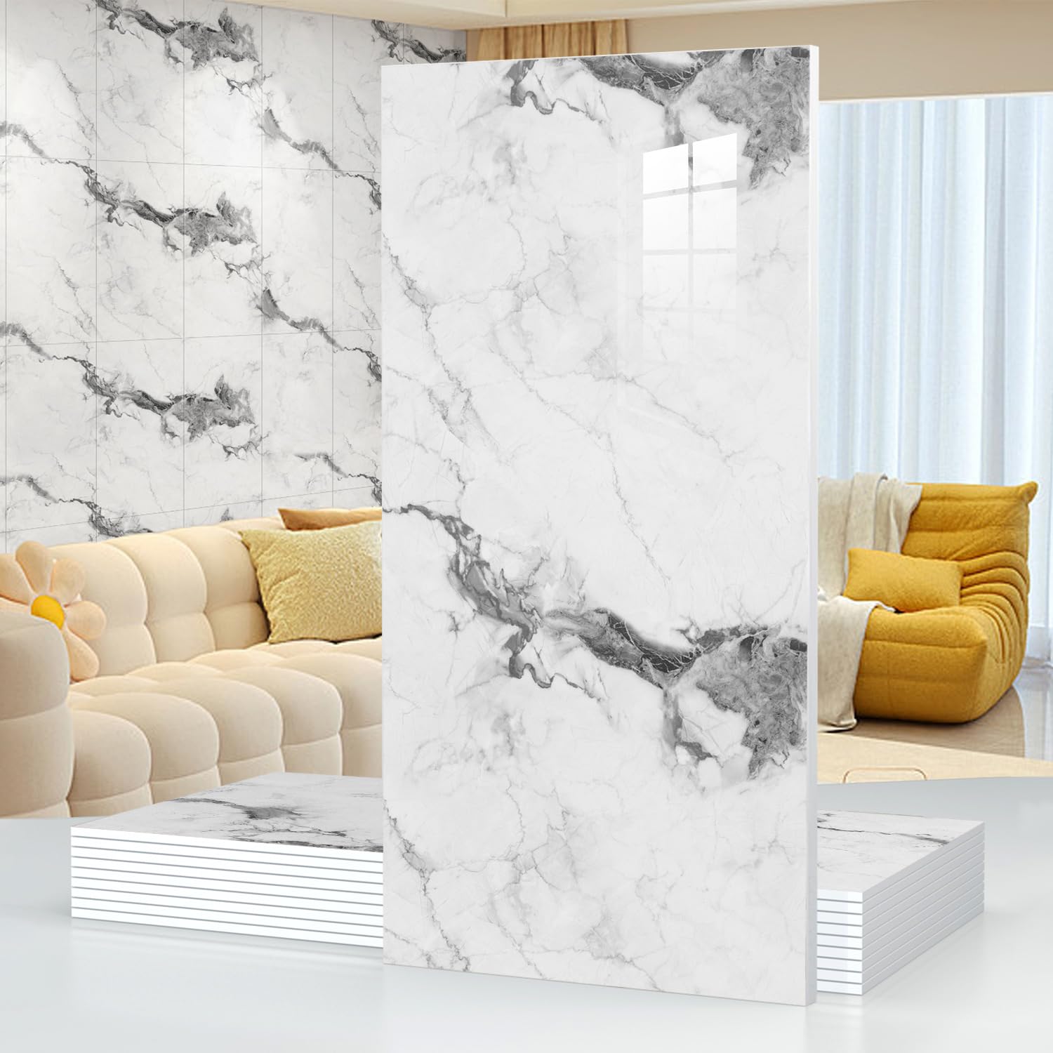 View 1 of 10pcs Thick Marble Peel and Stick Waterproof Wall Panels,Heat-Resistant Backsplash Tile, 23.6"x11.8" PVC Foam Wall Sticker for Kitchen,Living Rooms,TV Walls,Grey White (Not Real Tile 19.4Sq. Ft.)