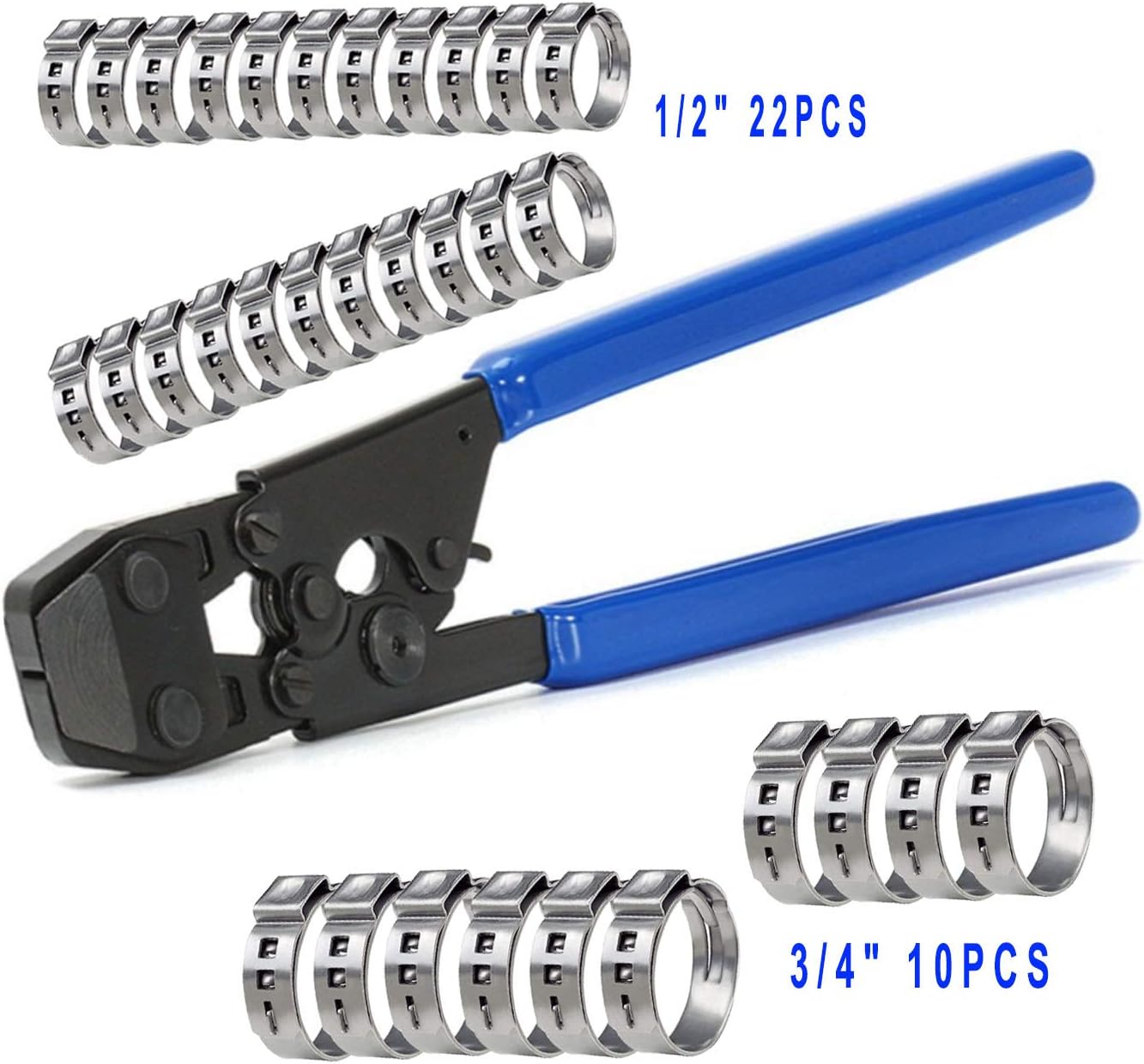 JWGJW PEX Clamp Cinch Tool Crimping Tool Crimper for Stainless Steel Clamps from 3/8"to 1" with 1/2" 22PCS and 3/4" 10PCS PEX Clamps (002) - - 