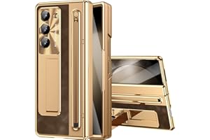 NINKI for Samsung Galaxy Z Fold 5 Case with S Pen & S Pen Holder, Kickstand & Front Screen Protector Hinge Electroplating Leather Phone Cover for Z Fold 5 Case with Stand and Stylus – Gold with Coffee