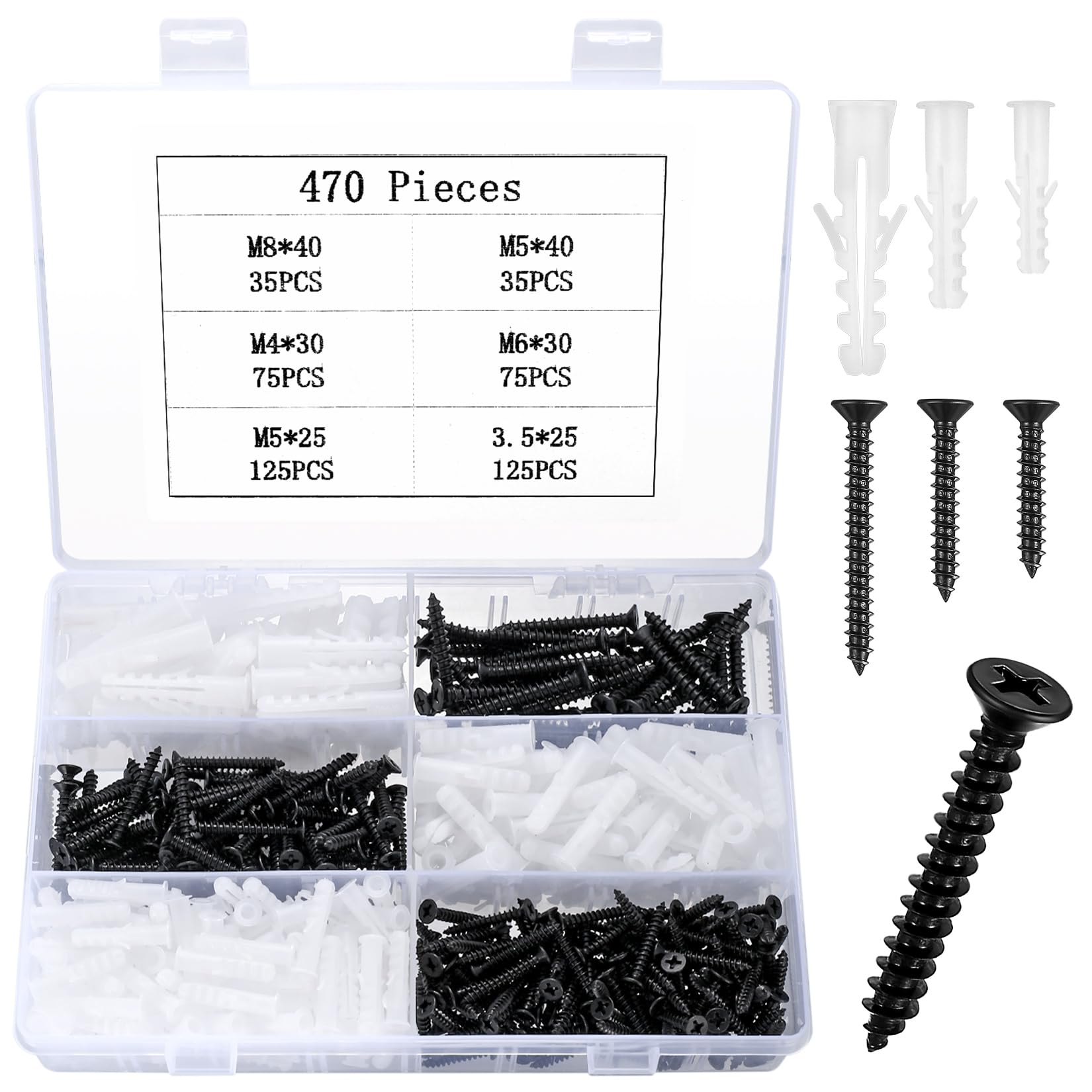 470 Pcs Assorted Drywall Plugs and Screws Set, M4 M5 M6 M8 Plastic Raw Plugs and Cross Head Countersunk Self Tapping Masonry Screws for Brick Wall Hanging Mounting Items