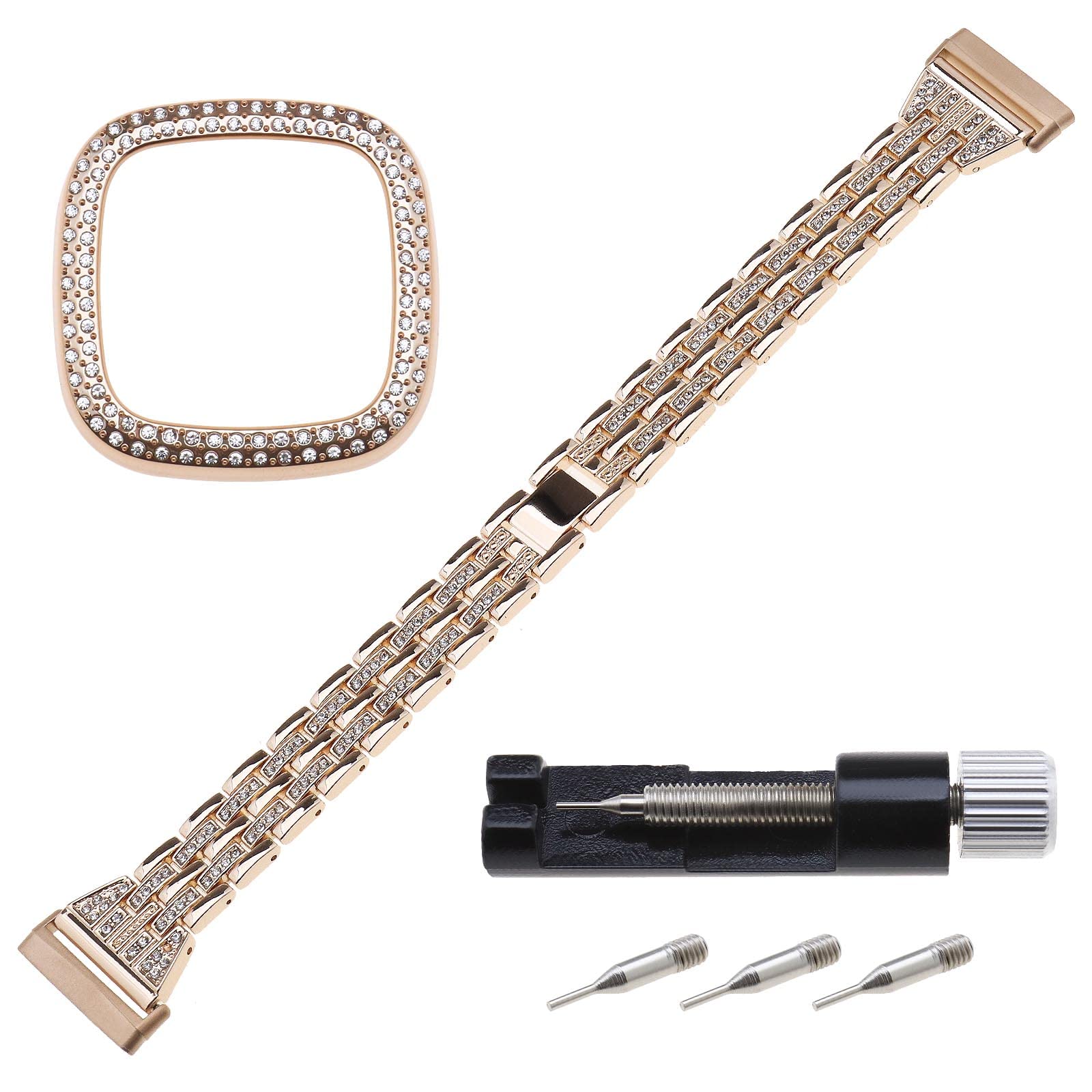 Metal Watch Band and Case Compatible with Sense Versa 3 Bling Rhinestone Watch Band and Watch Case with Resizable Tool Rose Gold, 140~205mm, Zinc Alloy