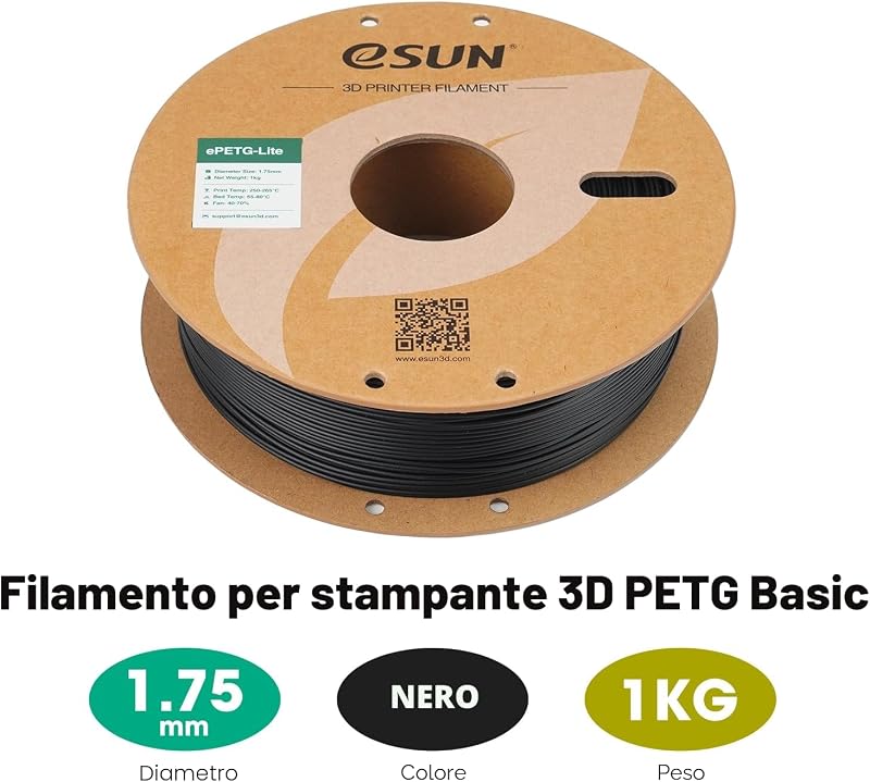 PETG filamento 1,75 mm, filamento PETG Basic ad alta tenacità, bobina da 1 kg (2,2 libbre) per stampanti 3D, Nero