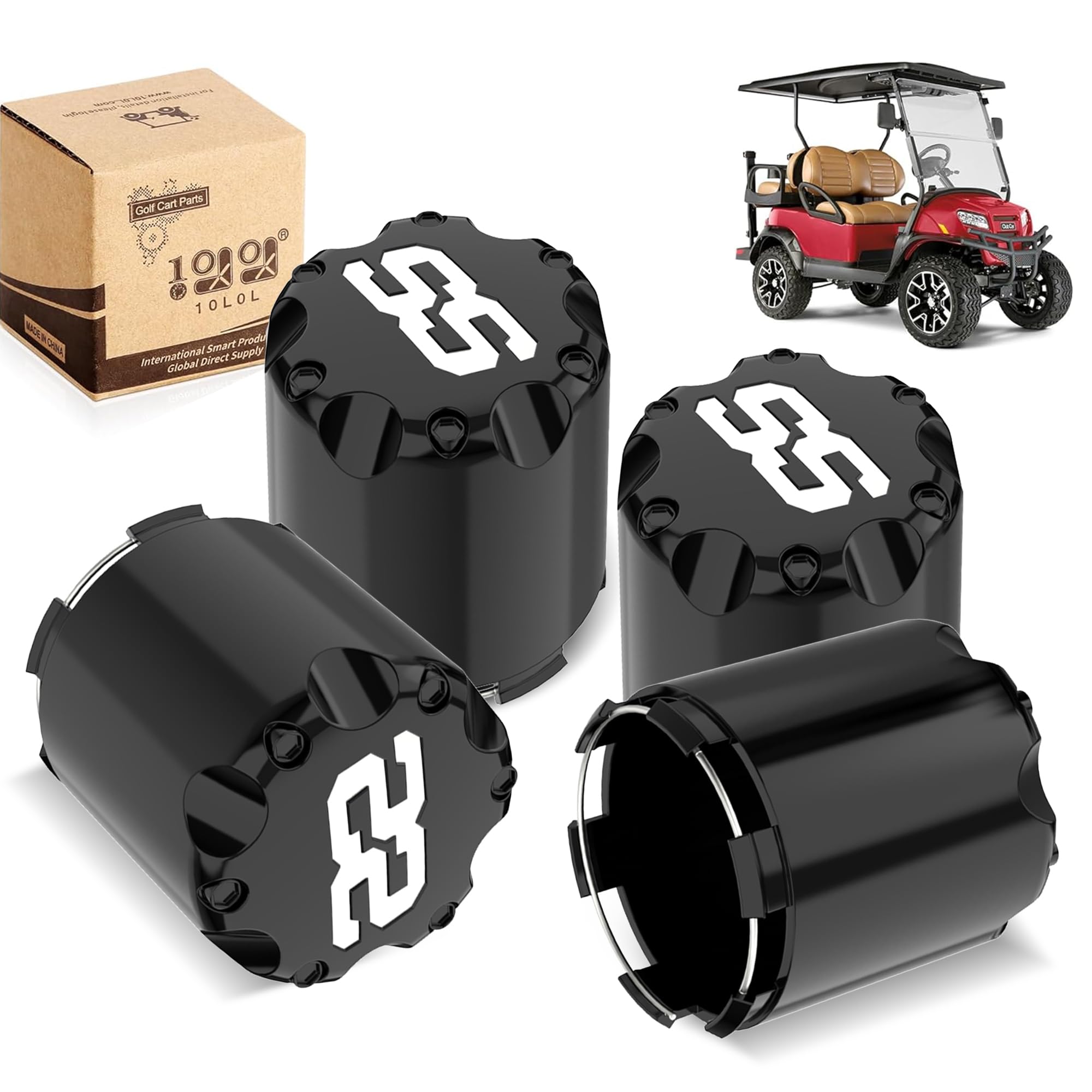 Photo 1 of 10L0L Golf Cart ITP SS Wheel Center Hub Cap 8,10,12 Inch Push in Style - SS Center Caps for Yamaha EZGO Club Car Golf Cart Wheel, Black Set of 4