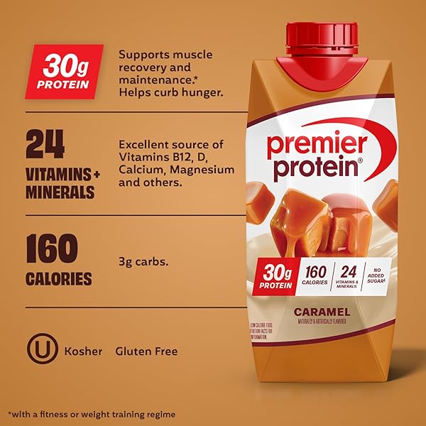 PREMIER PROTEIN SHAKE, CARAMEL, 30G PROTEIN, NO ADDED SUGAR, 24 VITAMINS & MINERALS TO SUPPORT IMMUNE HEALTH, 11 FL OZ, 12 PACK