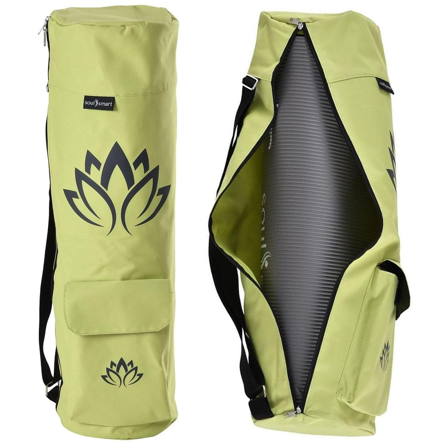TJC Lotus Print Portable Yoga Mat Bag with Storage Pockets and Adjustable Shoulder Strap Yoga Mat Carry Luggage Bag Made of 100% Polyester Durable Lightweight Side Washable Travel 70x20x1 Cm - Green