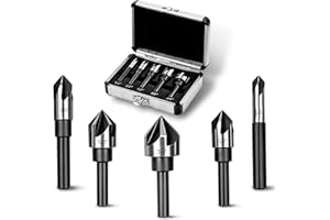 AV Steel Countersink Drill Bit Set, Countersink Bit, HSS4241 Counter Sink, 82 Degree Countersink 1/4'' 3/8'' 1/2'' 5/8'' 3/4'', 5 Flute Pcs for Wood, Plywood, Plastic, Mild Steel with Aluminum Case