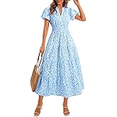 Wenrine Womens Summer Floral Maxi Dress Casual V Neck Puff Short Sleeve Smocked Loose Boho Beach Dresses with Pockets