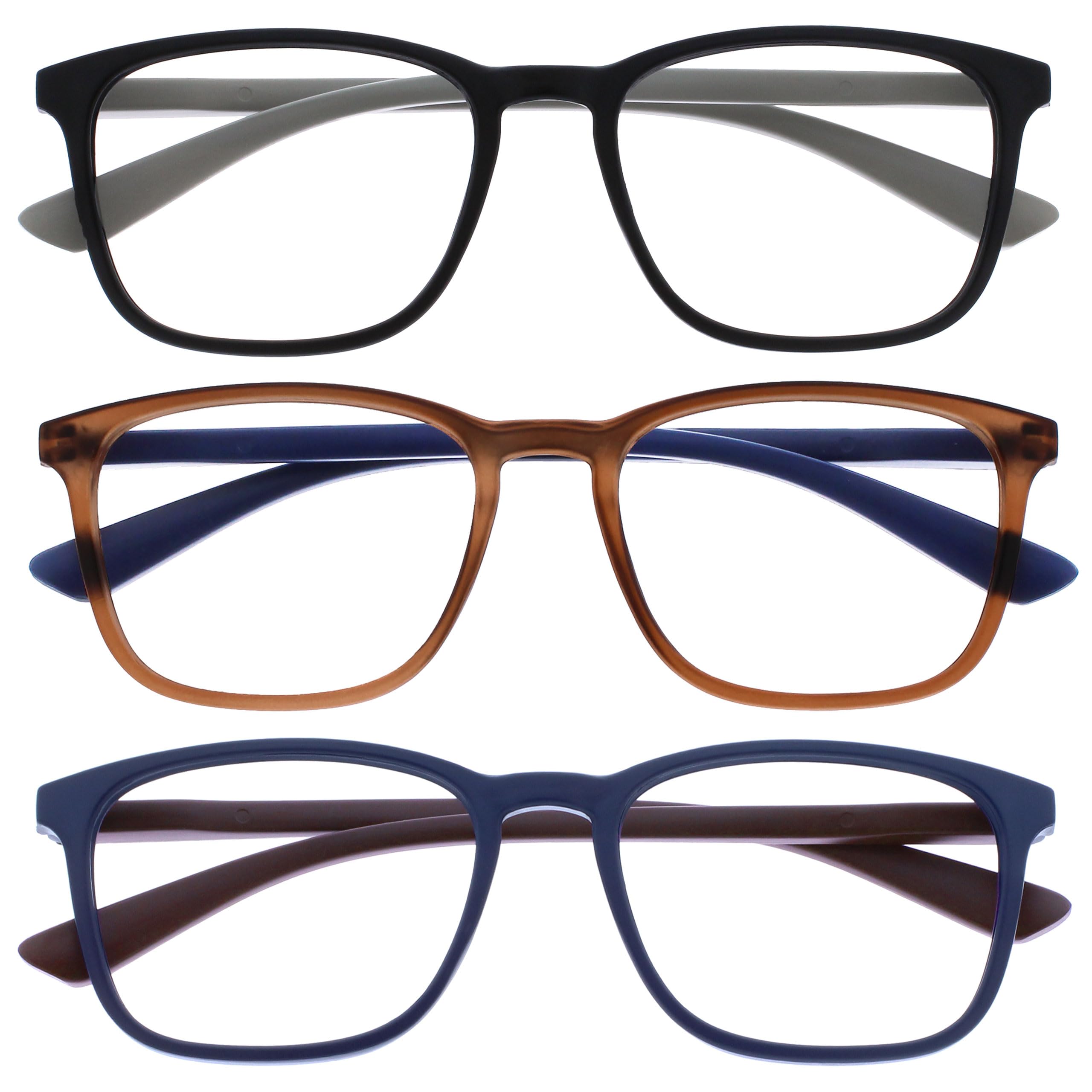 OPULIZE Max Reading Glasses 3 Pack - Classic Large Rectangular Frame - Matt Black Brown Blue - Men's Women's Unisex - Spring Hinges - RRR78-123 - +1.00