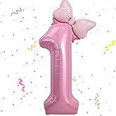 40 Inch Pink Number 1 Balloon & Mini Bow Balloon for Girl's 1st Birthday Party Decorations, Pink Theme Party Balloons Decorations Supplies