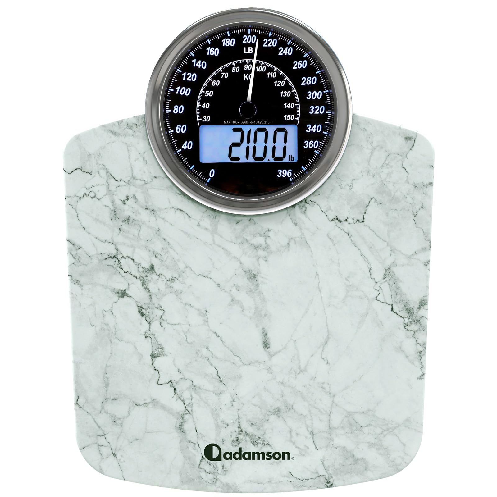 Photo 1 of Adamson  2-in-1 Analog & Digital Weighing Scale for Body Weight up to 400lbs - Thick Tempered Glass - Extra Large Display - Easy to Read Digital Bathroom Scale - New - Marble White