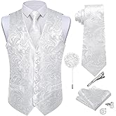 DiBanGu Mens Paisley Vest Tie Set with Lapel Pin Tie Clip 7PCS Silk Woven Necktie and V-Neck Suit Waistcoat for Tuxedo Party