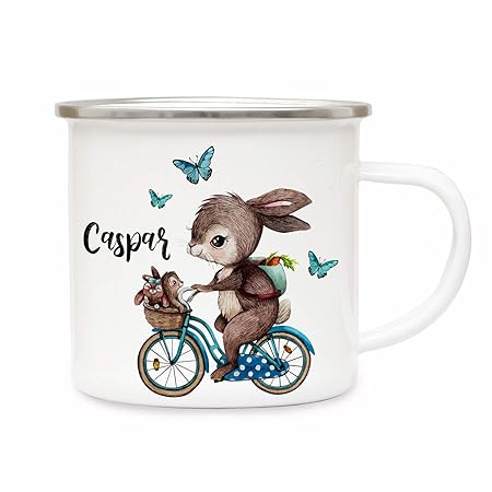ilka parey wandtattoo-welt Emaillebecher Becher Tasse Camping Kaffeebecher Hase auf Fahrrad & Wunschname Geschenk eb361