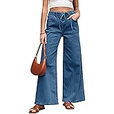 EGOCKAL Women's Wide Leg Jeans Trendy High Waisted Stretchy Jeans with Drawstring Elastic Waist Denim Pants
