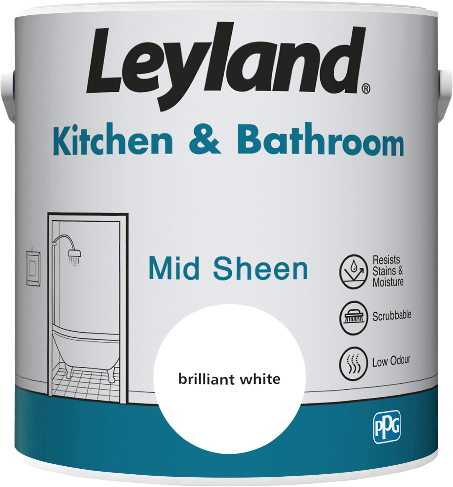 Leyland Kitchen & Bathroom Mid Sheen, Brilliant White, 2.5 Litre