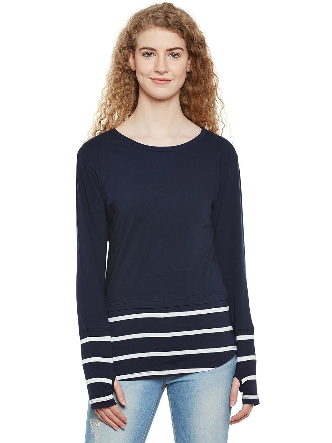 hypernation blue and white stripe round neck cotton thumb insert t-shirt for women