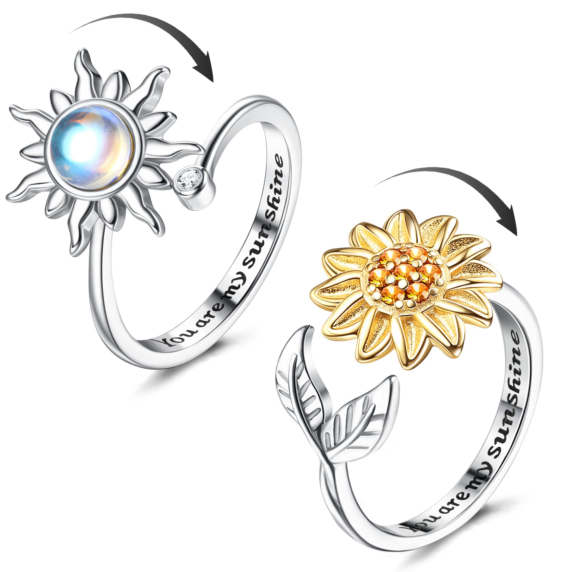 ADRAMATA 2Pcs Silver Anxiety Rings for Women Sunflower Fidget Ring You are My Sunshine Anxiety Ring Moonstone Anti Stress Ring Adjustable Open Spinner Rings for Anxiety Women