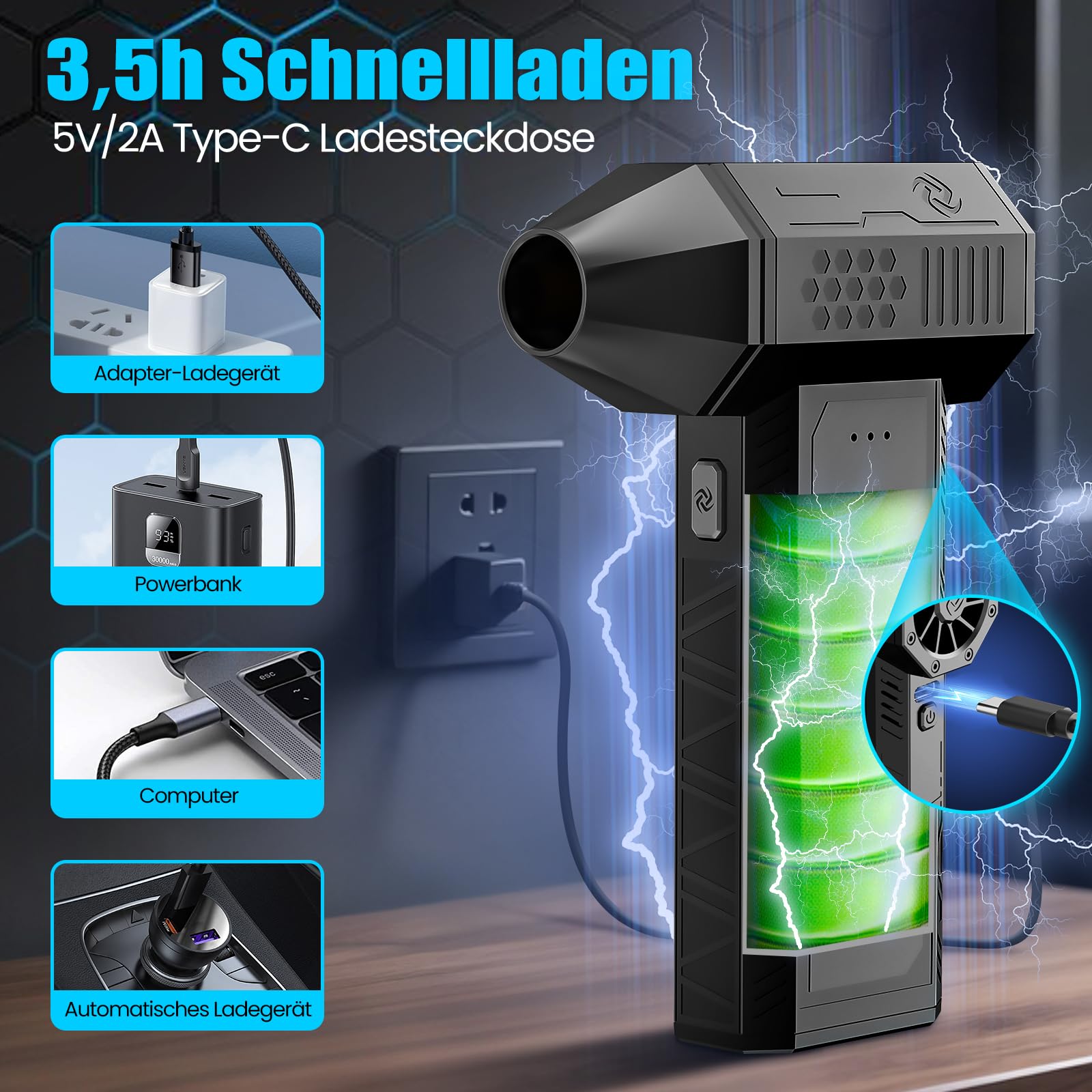 Electric Air Duster,130000RPM Elektrische Staubgebläse Druckluftspray, 3-Gang Mini-Elektrische Staubgebläse, Super Power Turbo Gebläse für Computer, Tastatur, Haus, Outdoor und Auto 5