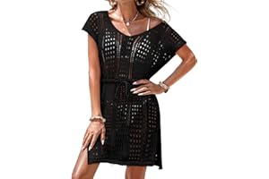 AI'MAGE Women's Crochet Cover Up Hollow Out Swimsuit Coverup V Neck Beachwear with Drawstring S-3XL