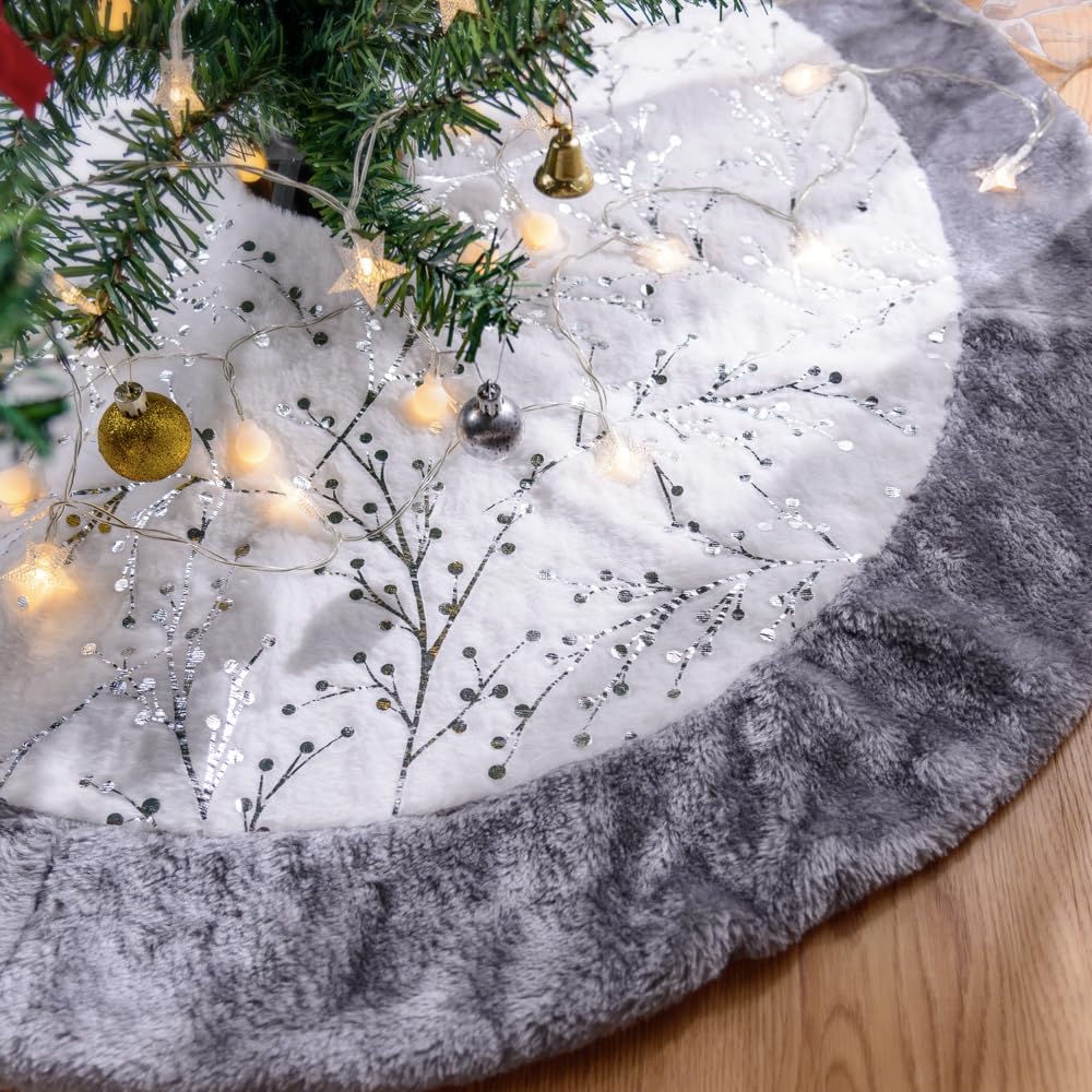 Lanpn 90cm Christmas Tree Skirt, Large Plush Patchwork Silver Faux Fur Xmas Tree Skirts 36 inch Tree Mat Base Cover for Winter Christmas Holiday Indoor Decorations (Silver, Branches)