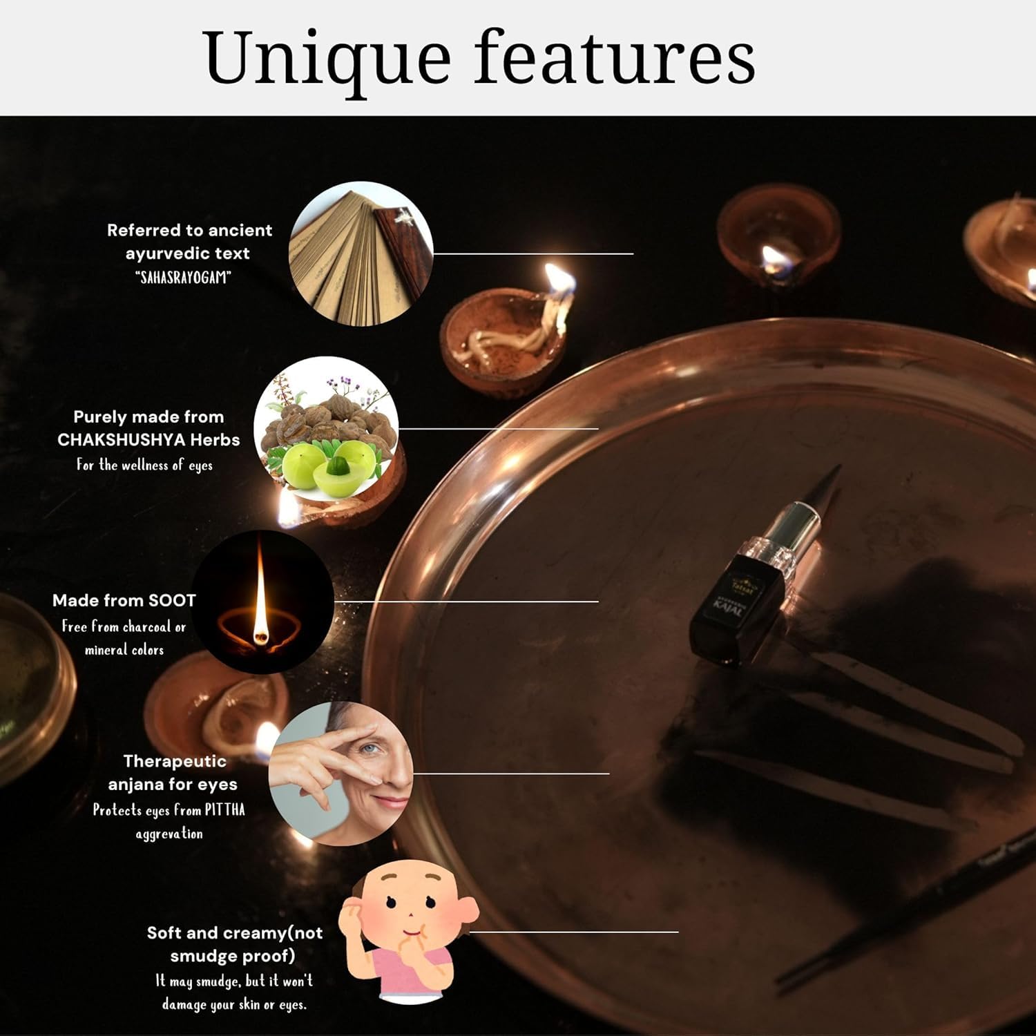 TATSAT - WELLNESS THROUGH AYURVEDA Kajal With Pure Herbs, Medicated Soot And Desi Cow Ghee|Safe For Babies|Lab Tested|No Preservatives, Black, Matte Finish (1 Count (Pack of 1))