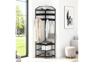 Garvee Corner Coat Rack with Storage, Simple Hall Tree with Mesh Shelves, Anti-Toppling Devices, Freestanding Metal Clothes R