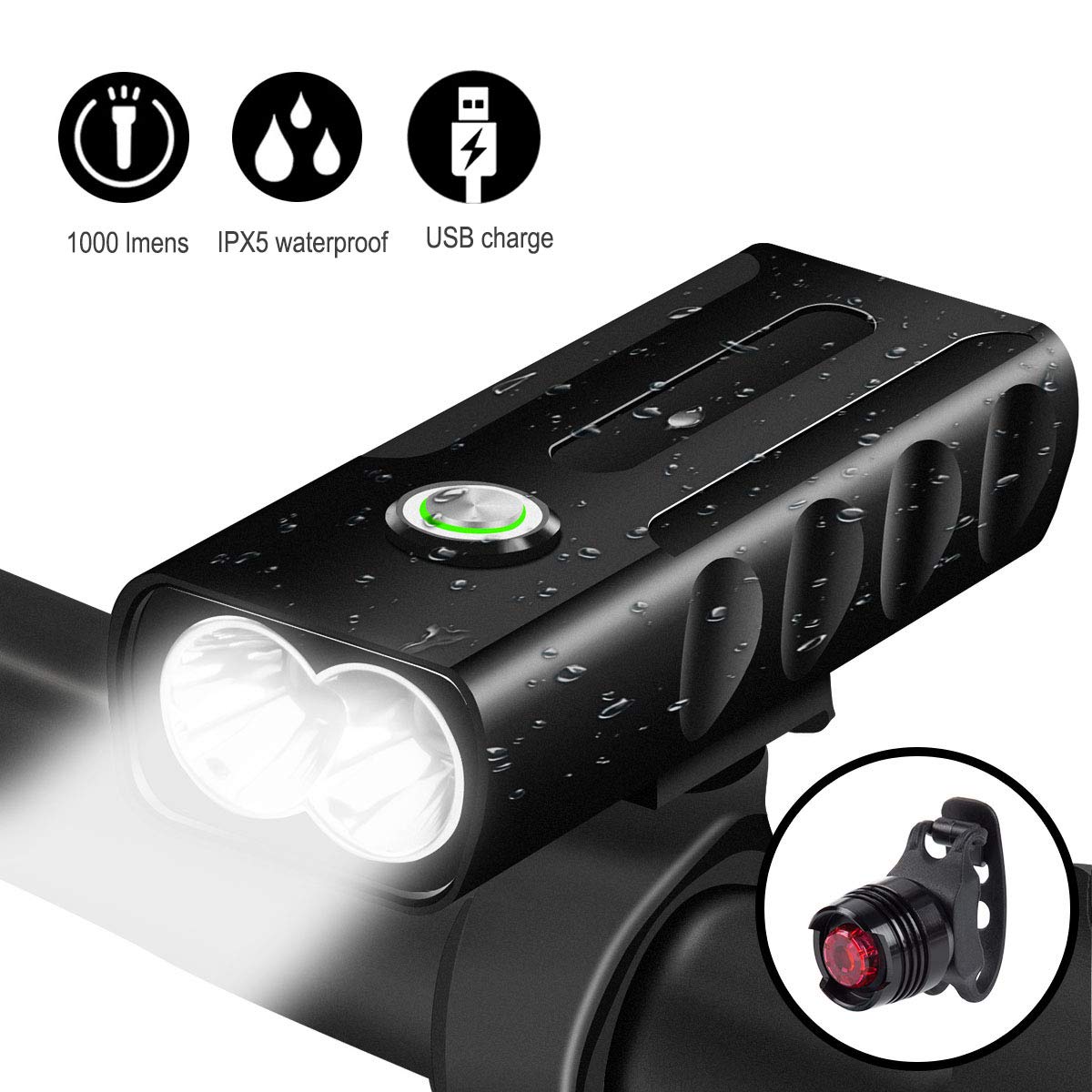 LED Bike Light Set,USB Rechargeable Bicycle Lights Headlight Front and Back Rear Tail Light, Built in 2600 mAh Battery Super Bright Waterproof Safety Flashlight For Mountain Road Kids Men Cycling