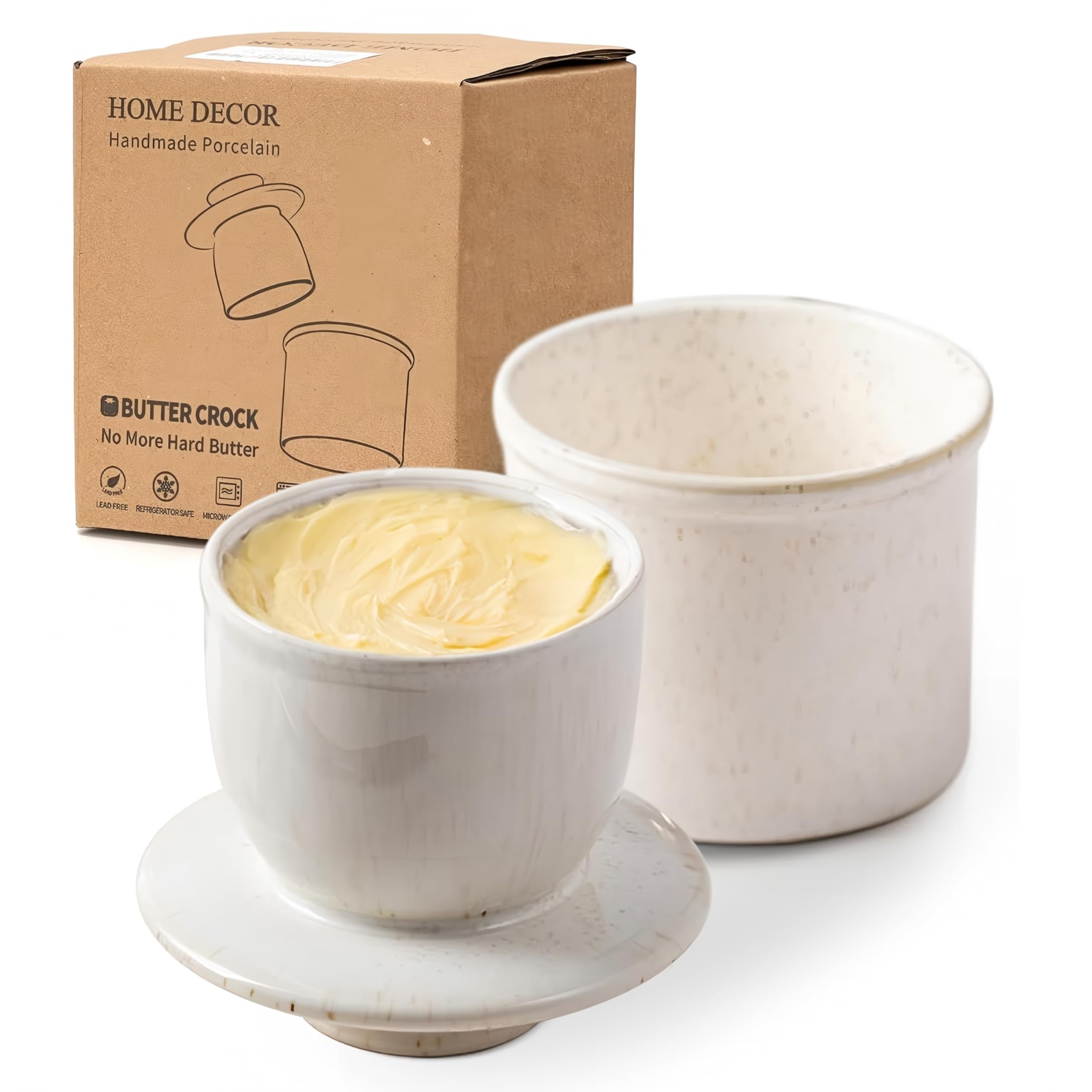 HOME DECOR Reactive Glaze Butter Crock, French Butter Dish with Lid for Counter, Butter Keeper with Water Line for Fresh Spreadable Butter -Reactive White