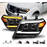 AmeriLite for 2009-2020 Nissan Frontier Pickup Truck LED DRL Tube Switchback Sequential Signal Black Projector Headlights Set - Passenger and Driver Side