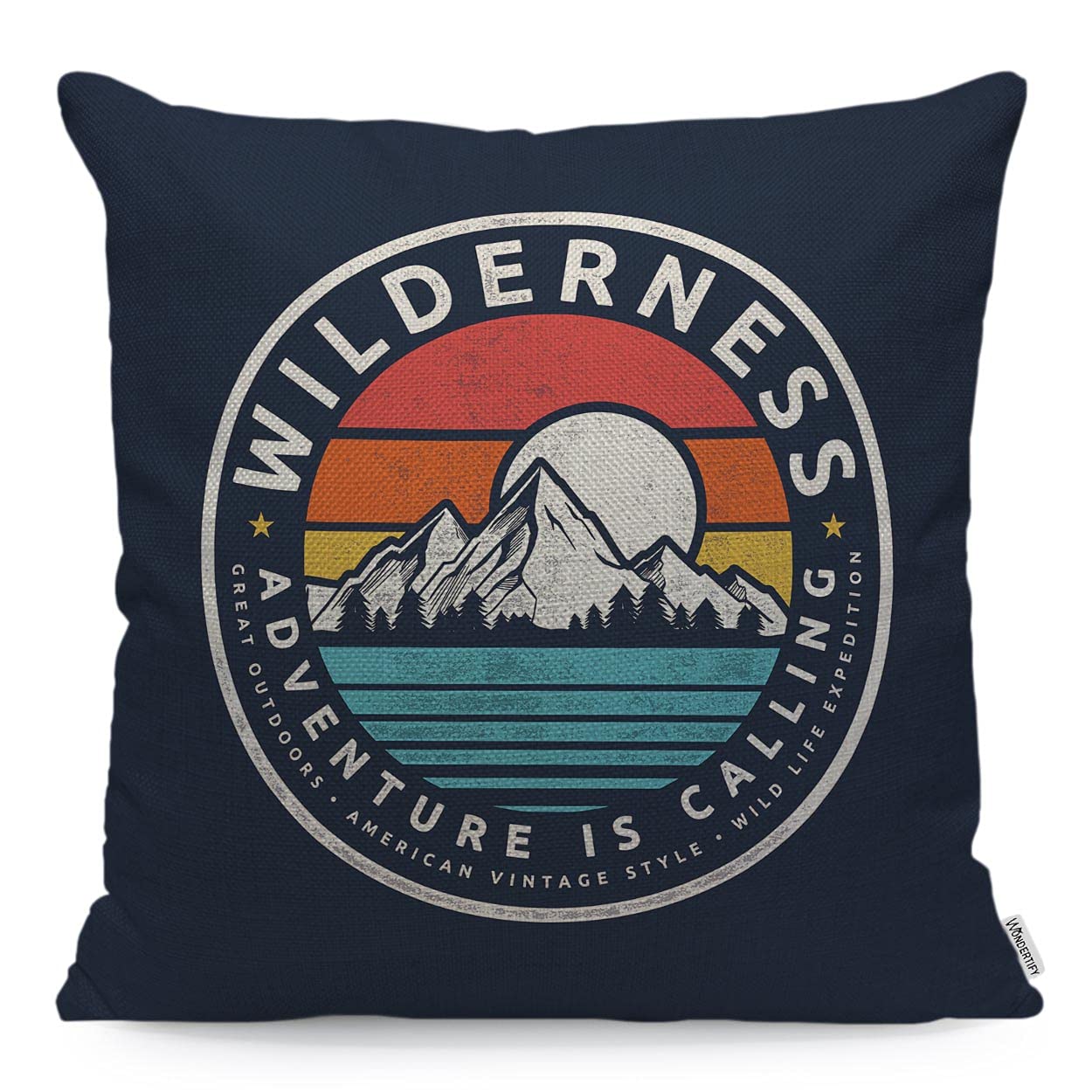 WONDERTIFY Mountain Cushion Cover Vintage Wilderness Adventure Camping Mountains Tree Sun Lake Pillowcases for Men Women, Pillow Cover Living Room Farmhouse 45X45 Cm