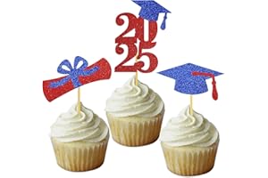 DOMOO OF DREAMS Graduation Cupcake Toppers Grad Party Decoration Food Picks Congrats Glitter Diploma Cap School Colors Supplies 24 PCS Red Blue