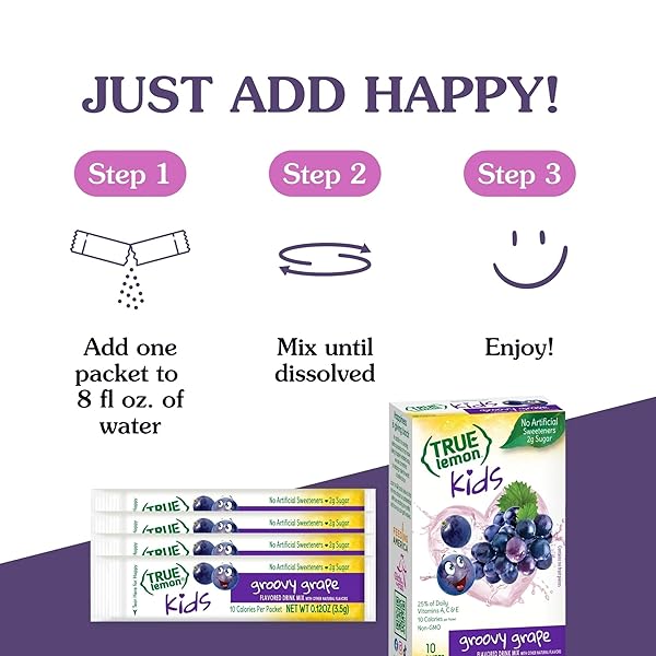 TRUE LEMON KIDS GROOVY GRAPE (10 PACKETS) FOR HYDRATION – NO PRESERVATIVES, NO ARTIFICIAL FLAVORS, NO ARTIFICIAL SWEETENERS – LOW SUGAR WATER FLAVORING – POWDERED DRINK MIX FOR KIDS